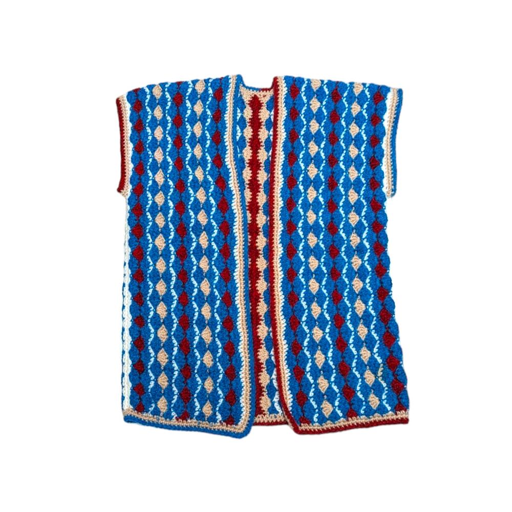 Vintage Handmade Chunky Knit Cardigan Sweater Blue Red Grannycore Crochet Afghan